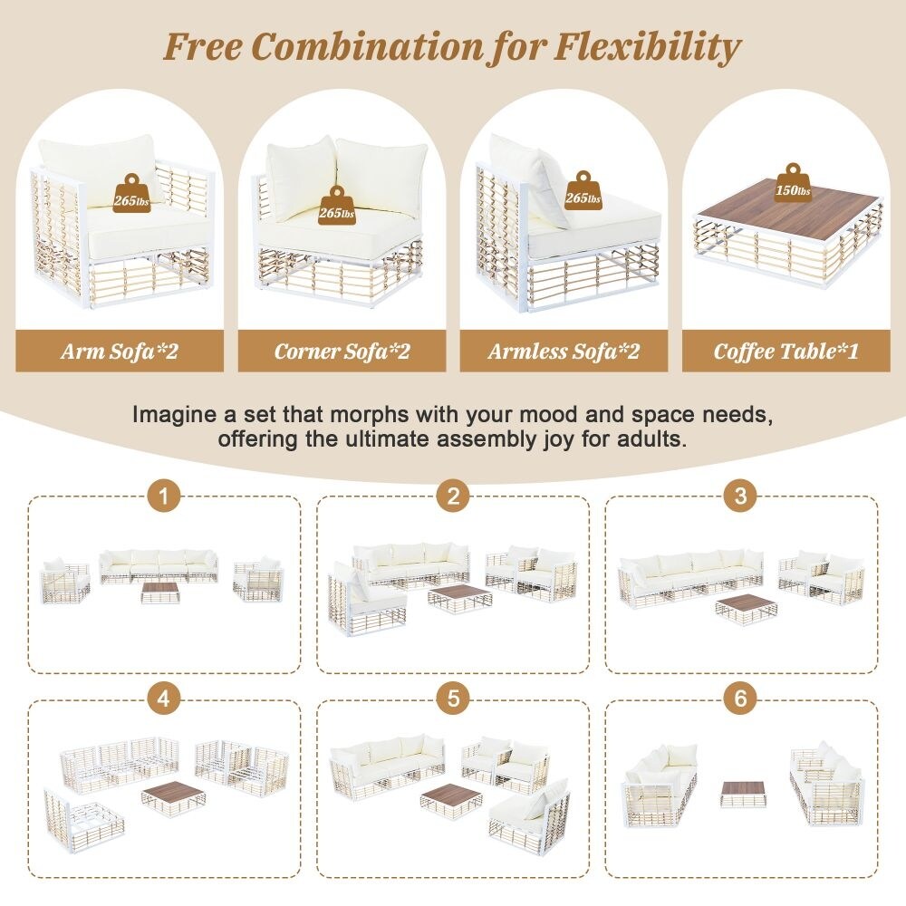 Ensemble de canapés sectionnels en métal 7 pièces pour patio, mobilier de jardin toutes saisons avec coussins épais et table basse