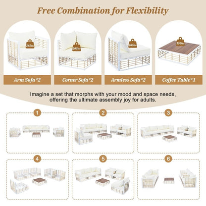 Ensemble de canapés sectionnels en métal 7 pièces pour patio, mobilier de jardin toutes saisons avec coussins épais et table basse