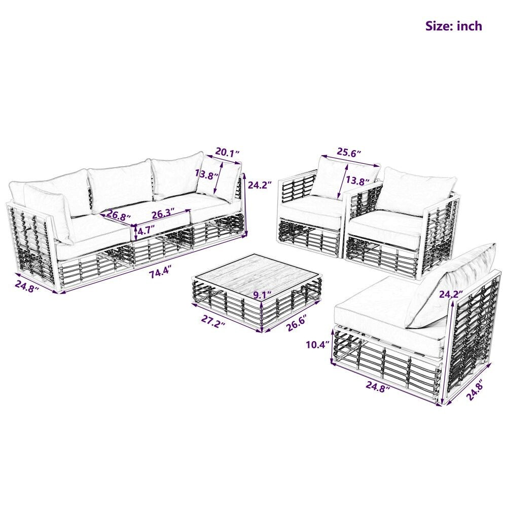 Ensemble de canapés sectionnels en métal 7 pièces pour patio, mobilier de jardin toutes saisons avec coussins épais et table basse