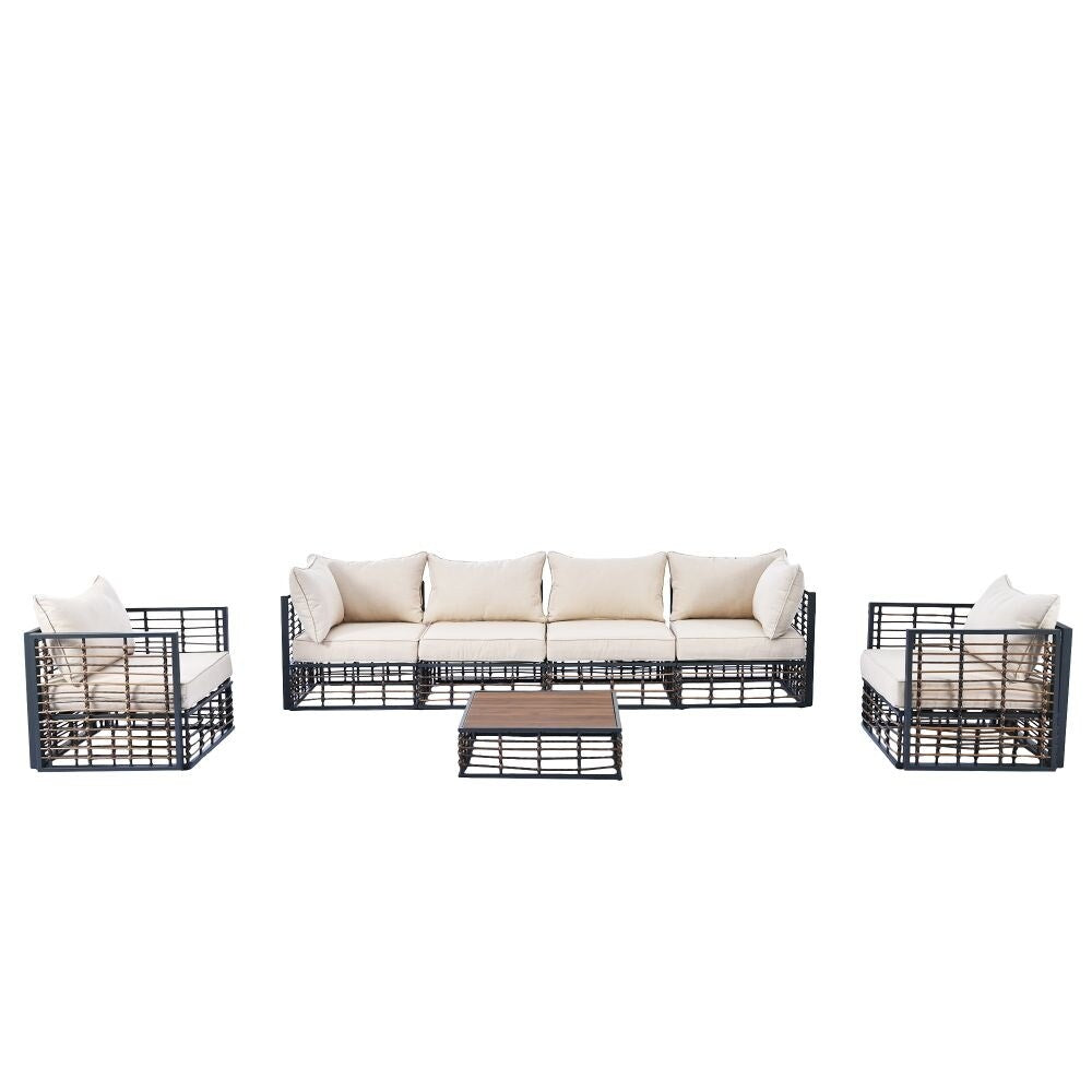 Ensemble de canapés sectionnels en métal 7 pièces pour patio, mobilier de jardin toutes saisons avec coussins épais et table basse