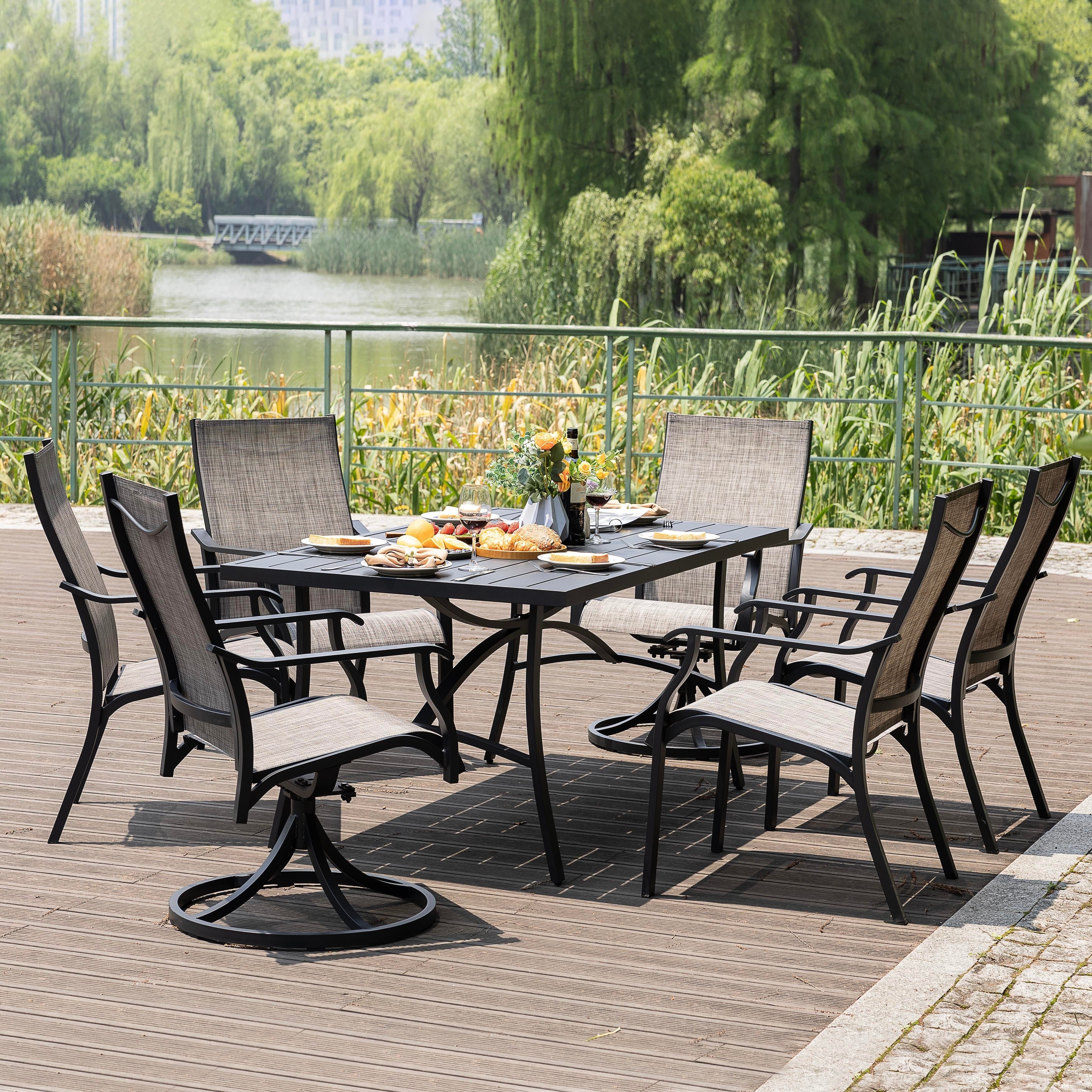 Ensemble de salle à manger d'extérieur 7 pièces avec chaises fixes et pivotantes en textilène