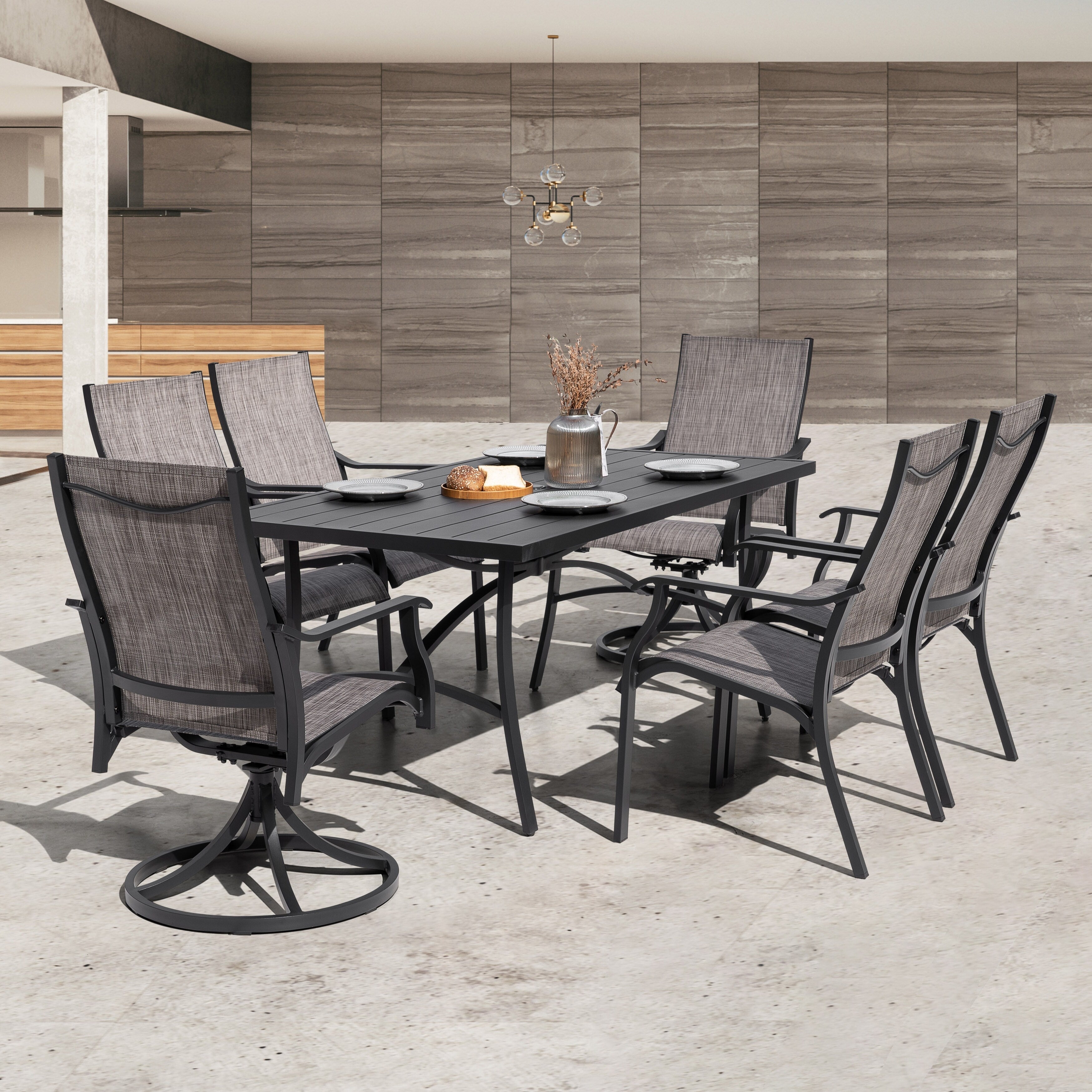 Ensemble de salle à manger d'extérieur 7 pièces avec chaises fixes et pivotantes en textilène