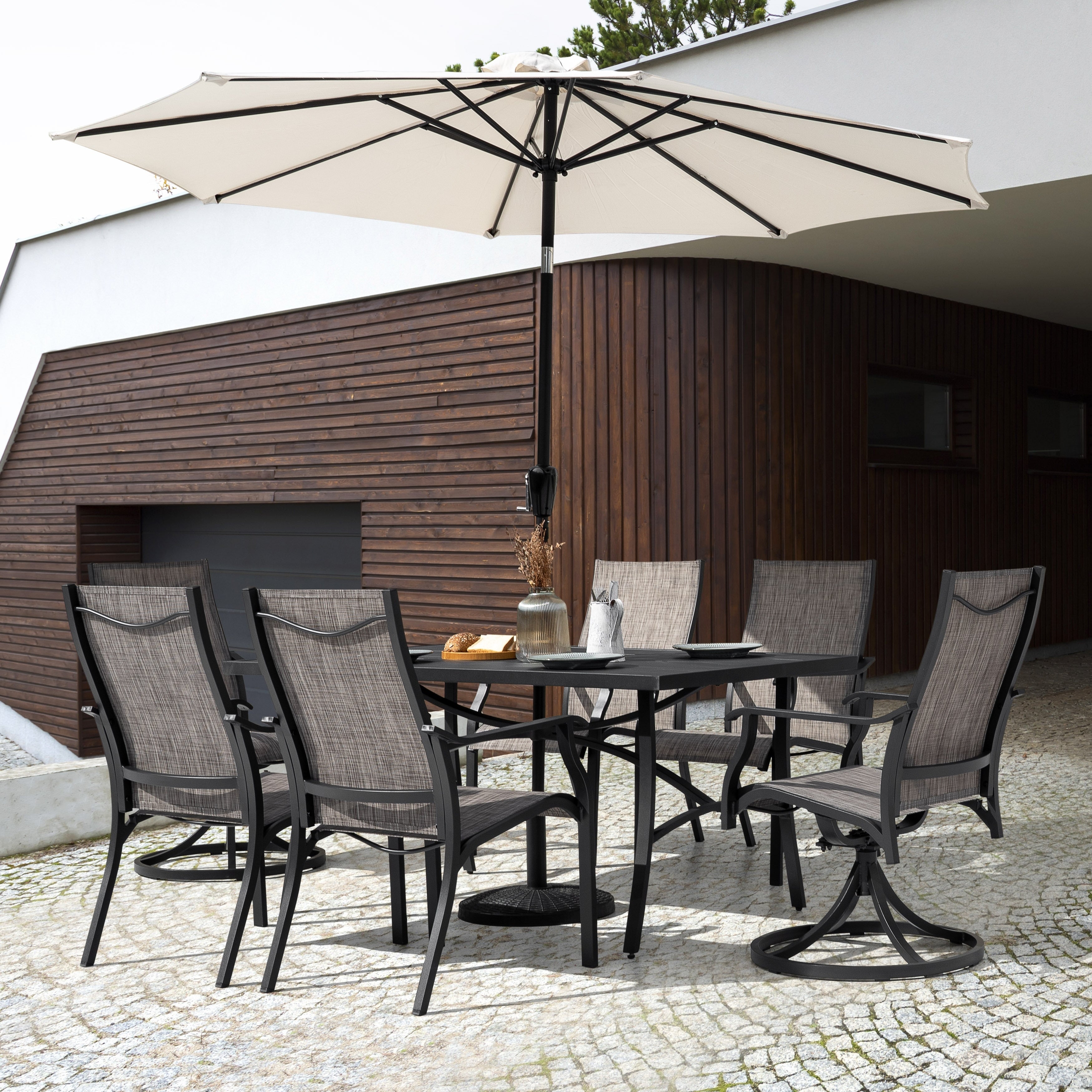 Ensemble de salle à manger d'extérieur 7 pièces avec chaises fixes et pivotantes en textilène