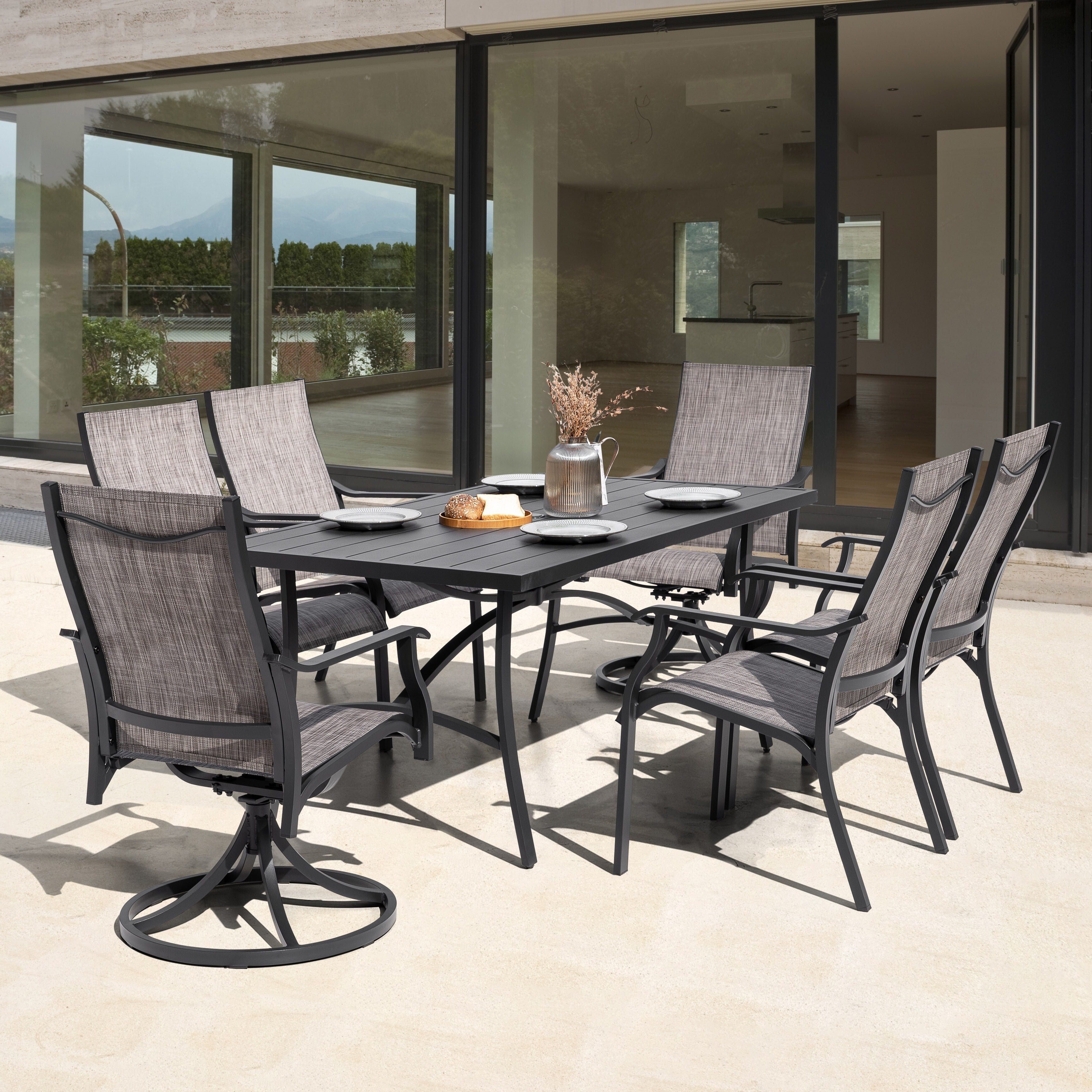 Ensemble de salle à manger d'extérieur 7 pièces avec chaises fixes et pivotantes en textilène