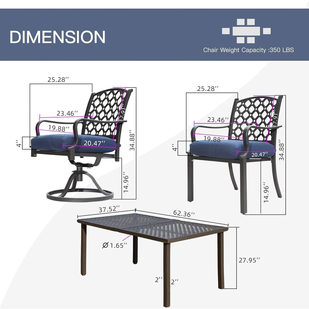 Ensemble de salle à manger d'extérieur en métal 7 pièces avec chaises pivotantes et fixes et table rectangulaire résistante aux intempéries