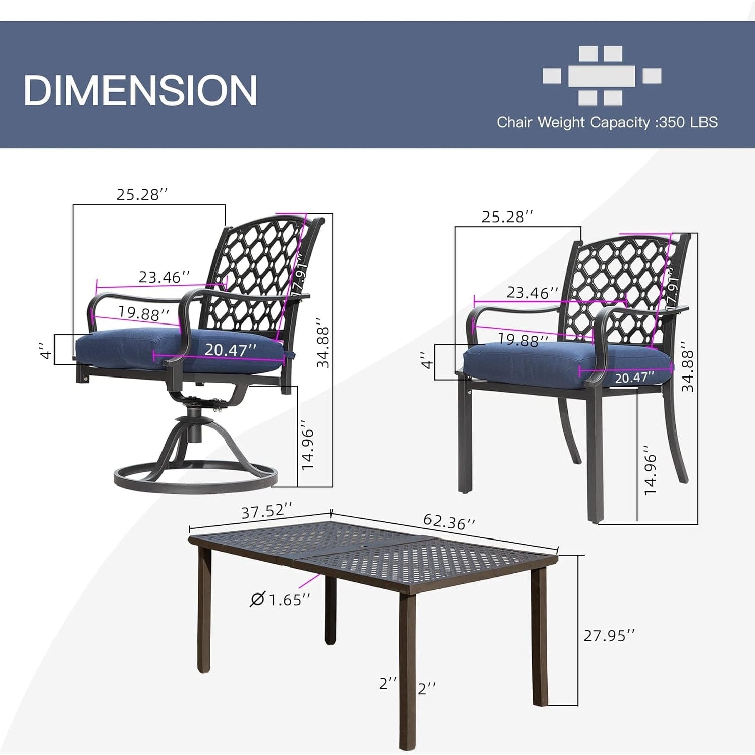 Ensemble de salle à manger d'extérieur en métal 7 pièces avec chaises pivotantes et fixes et table rectangulaire résistante aux intempéries