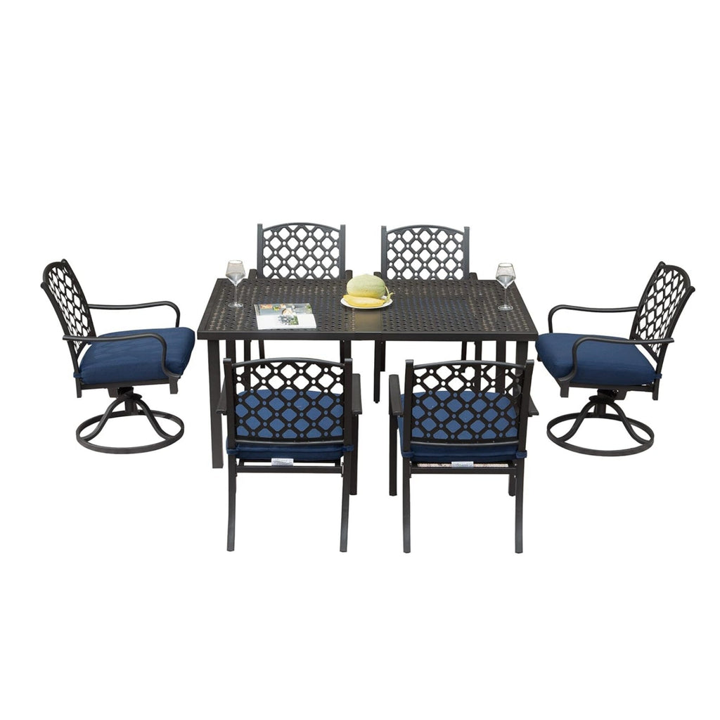 Ensemble de salle à manger d'extérieur en métal 7 pièces avec chaises pivotantes et fixes et table rectangulaire résistante aux intempéries