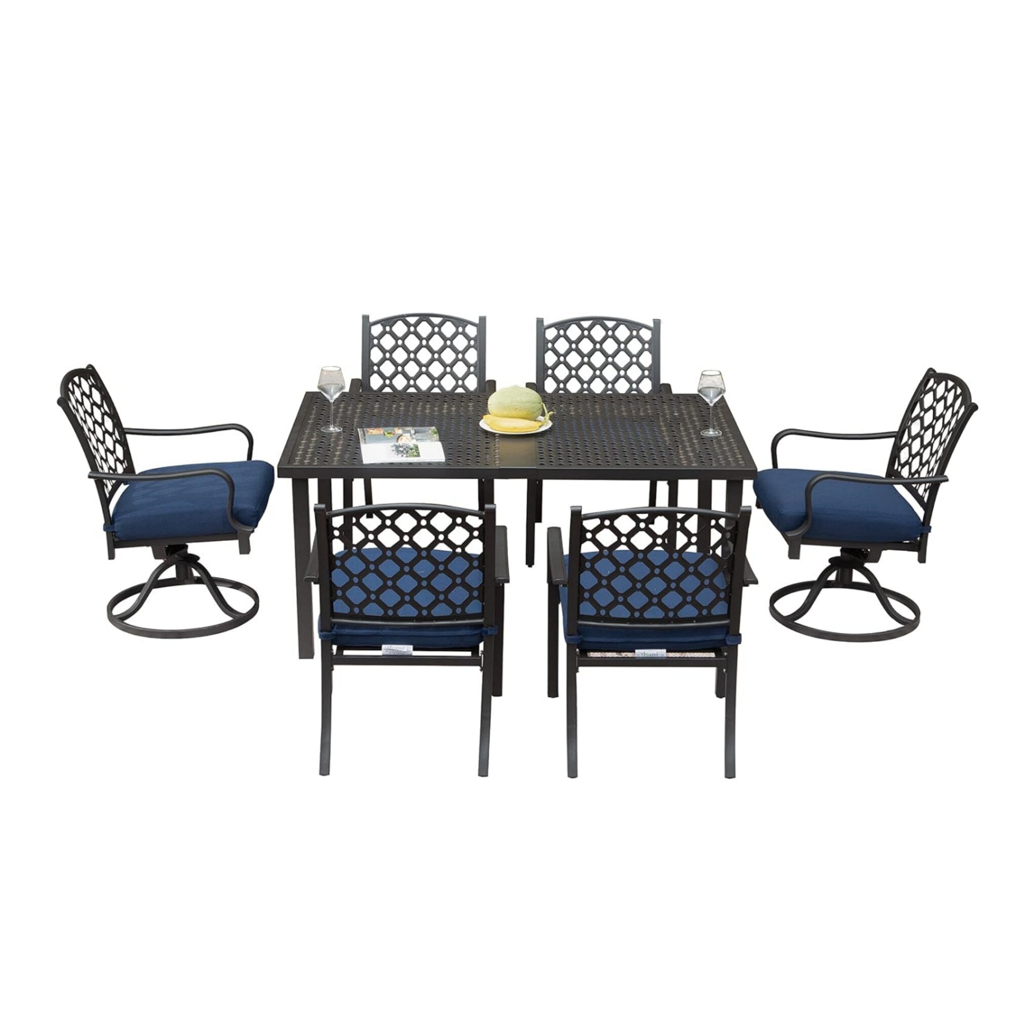 Ensemble de salle à manger d'extérieur en métal 7 pièces avec chaises pivotantes et fixes et table rectangulaire résistante aux intempéries