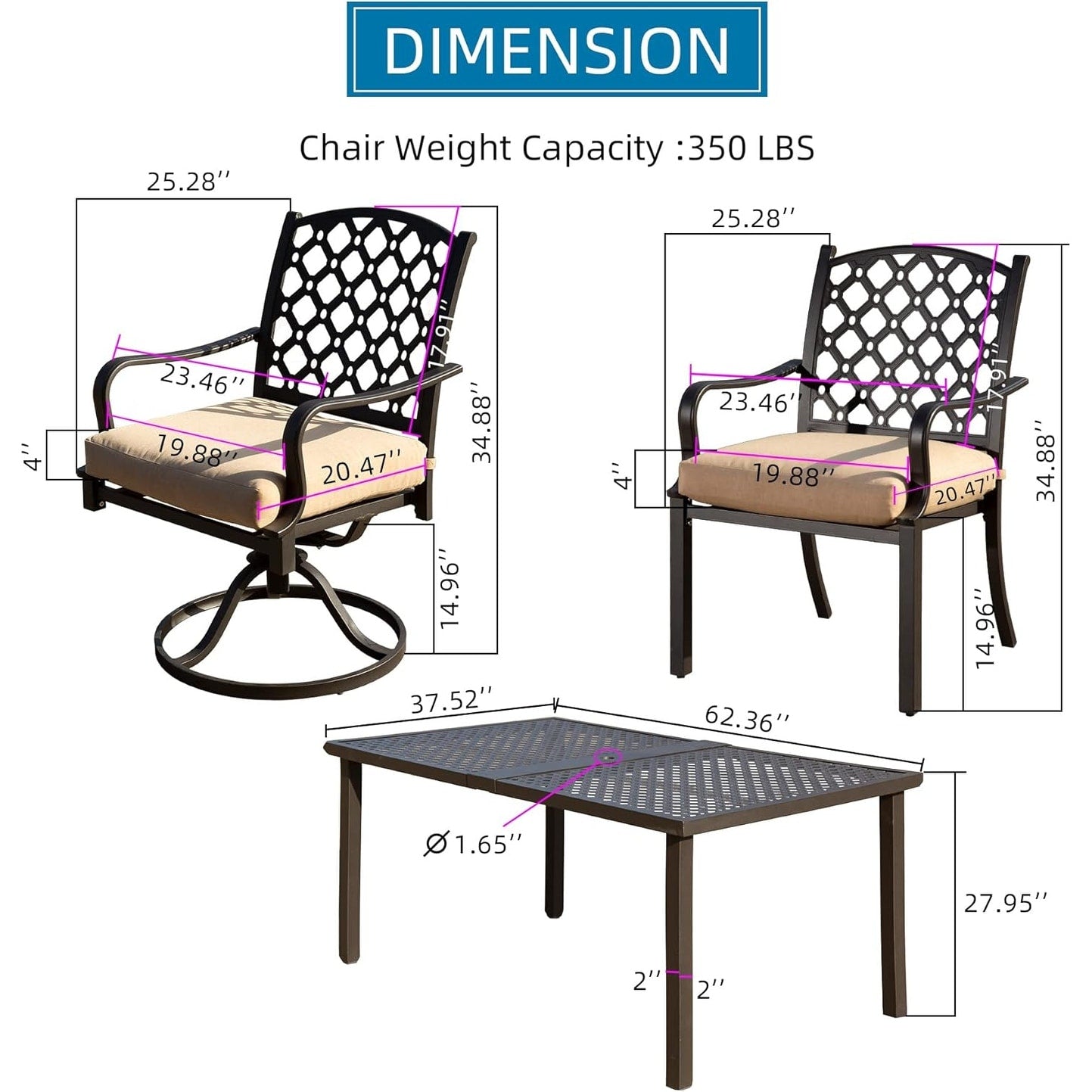 Ensemble de salle à manger d'extérieur en métal 7 pièces avec chaises pivotantes et fixes et table rectangulaire résistante aux intempéries