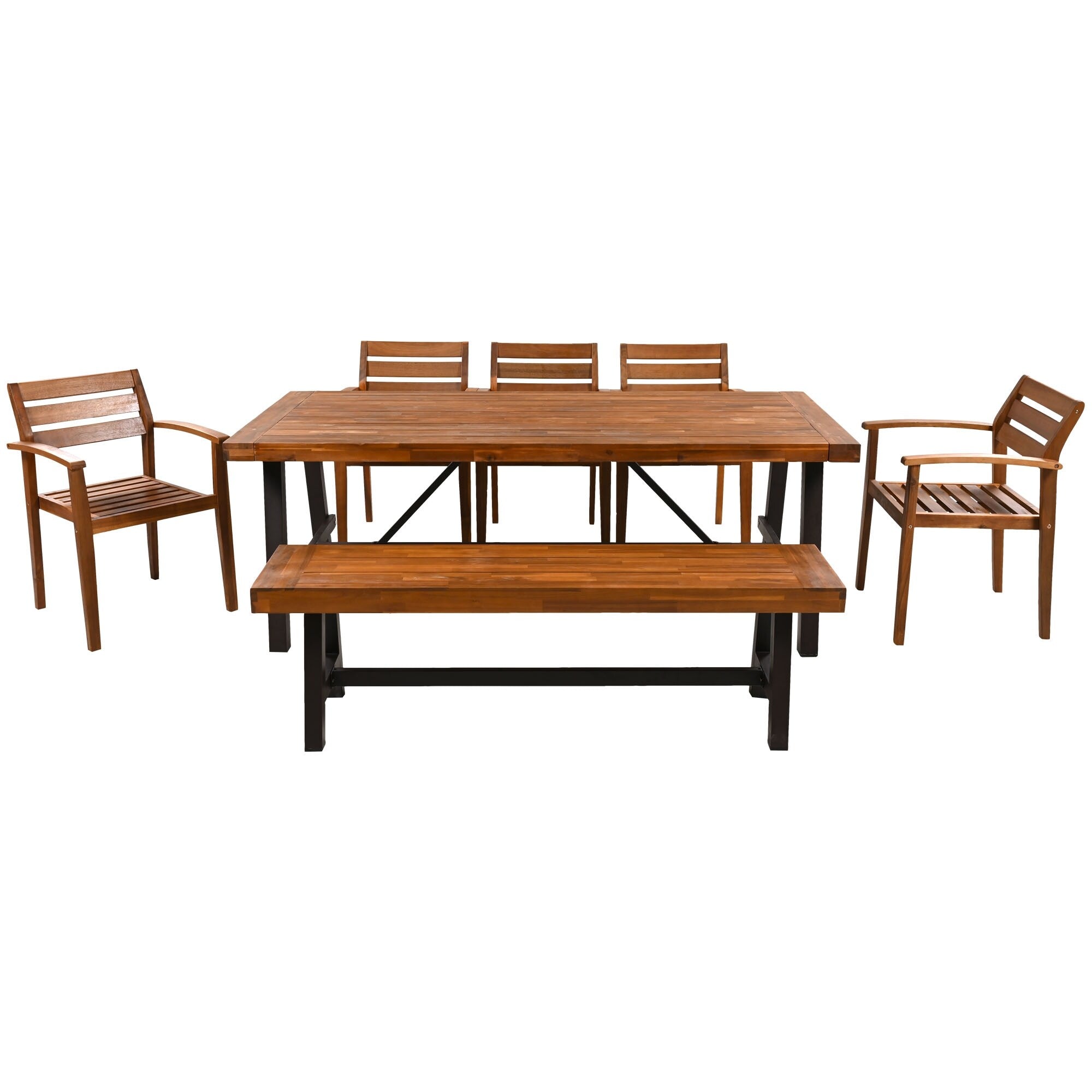 Ensemble de salle à manger d'extérieur en bois d'acacia 7 pièces avec coussins et banc amovibles