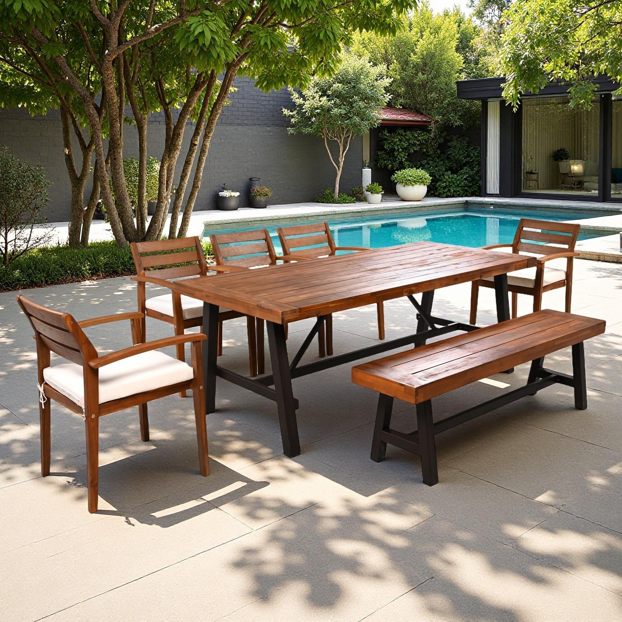 Ensemble de salle à manger d'extérieur en bois d'acacia 7 pièces avec coussins et banc amovibles
