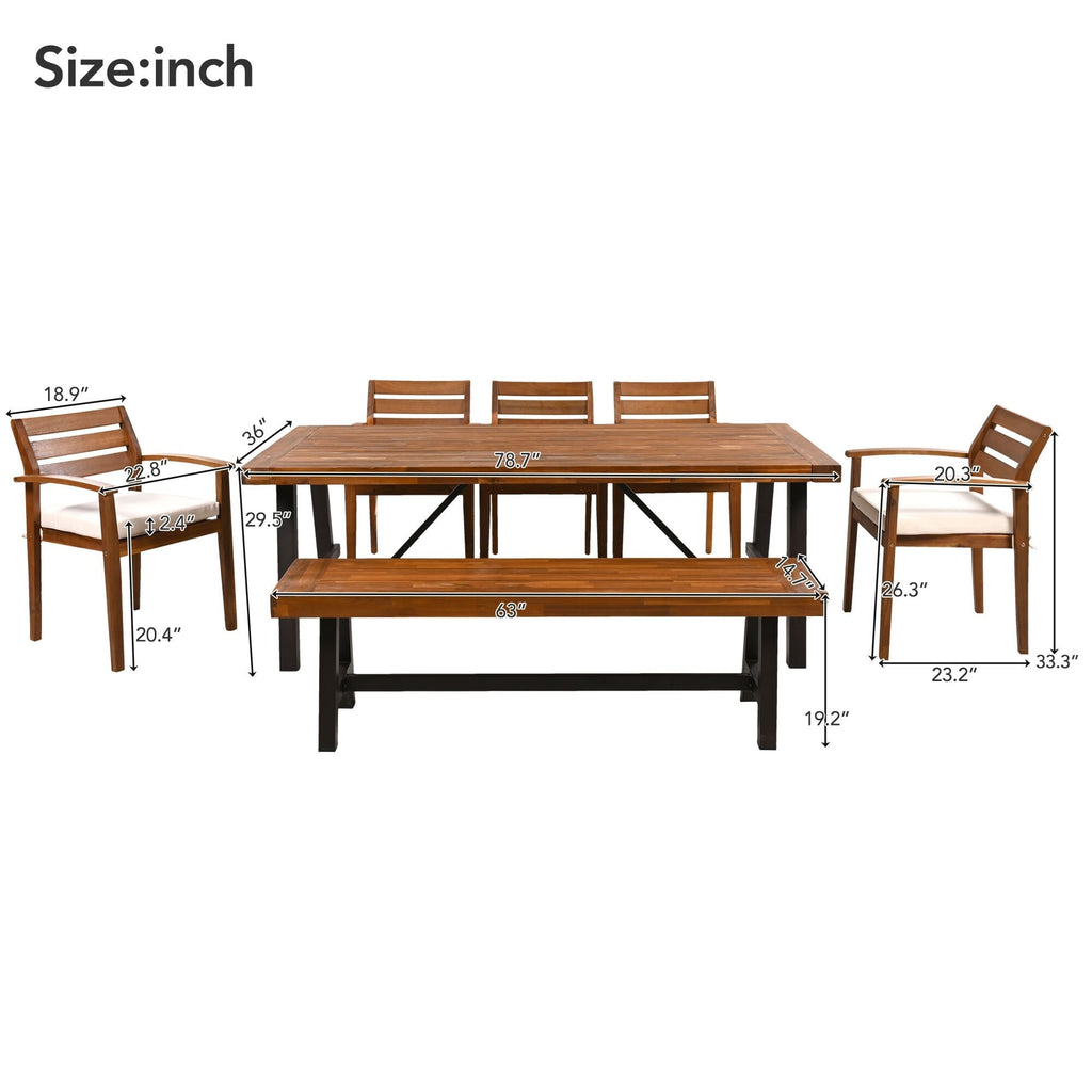 Ensemble de salle à manger d'extérieur en bois d'acacia 7 pièces avec coussins et banc amovibles