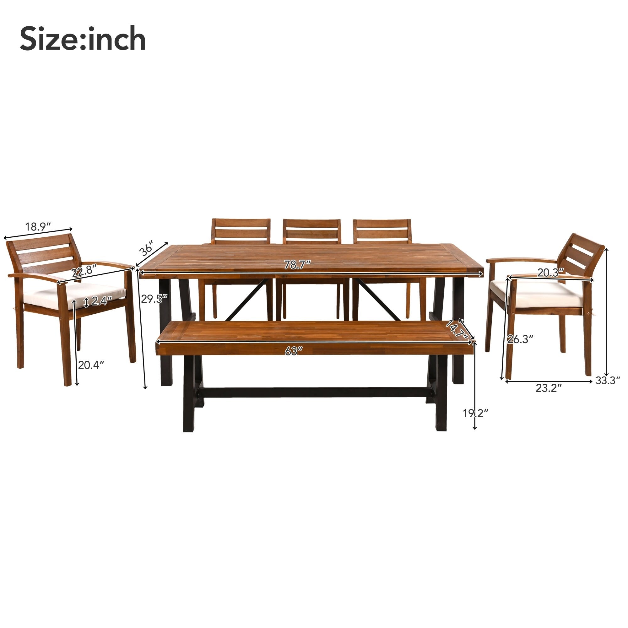 Ensemble de salle à manger d'extérieur en bois d'acacia 7 pièces avec coussins et banc amovibles