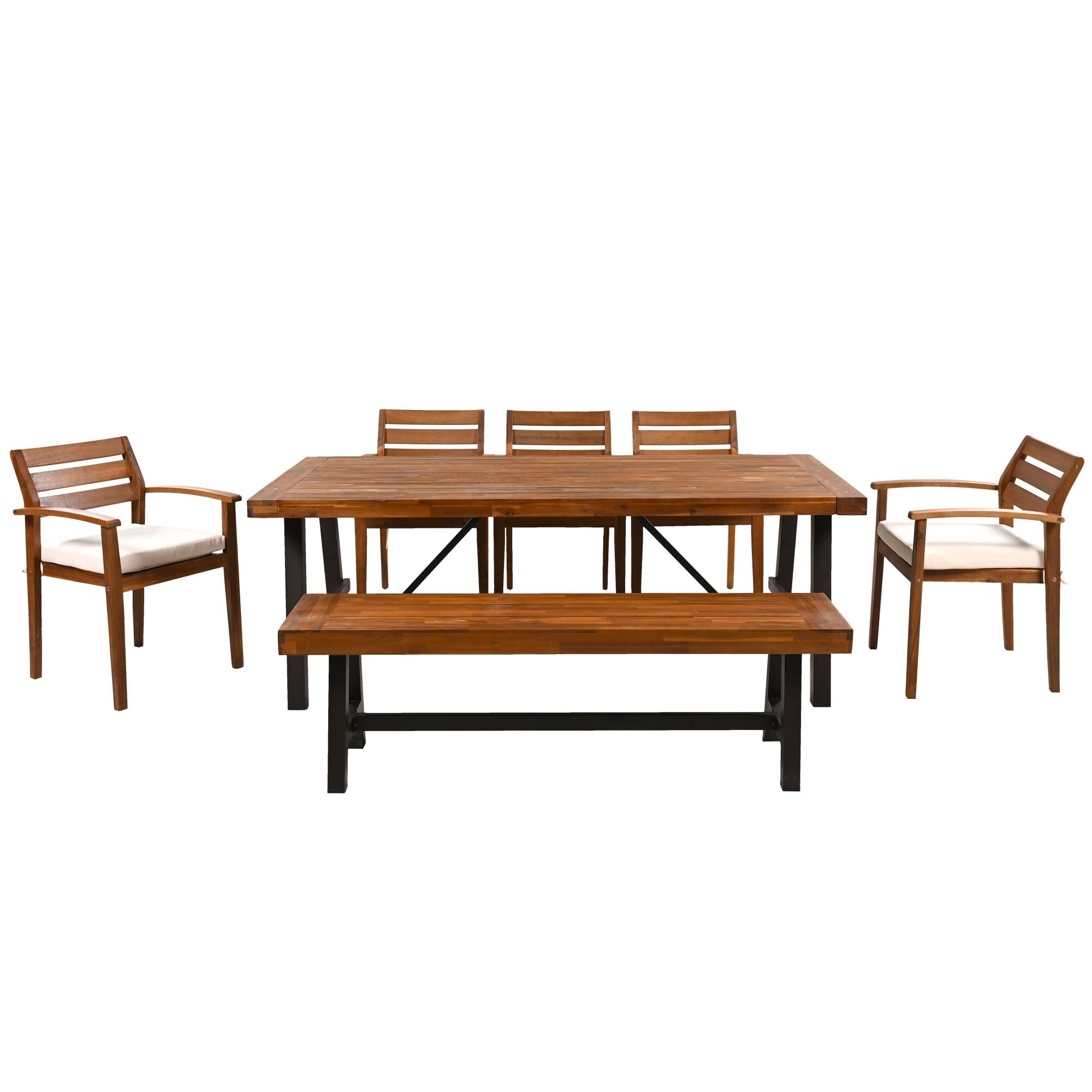 Ensemble de salle à manger d'extérieur en bois d'acacia 7 pièces avec coussins et banc amovibles
