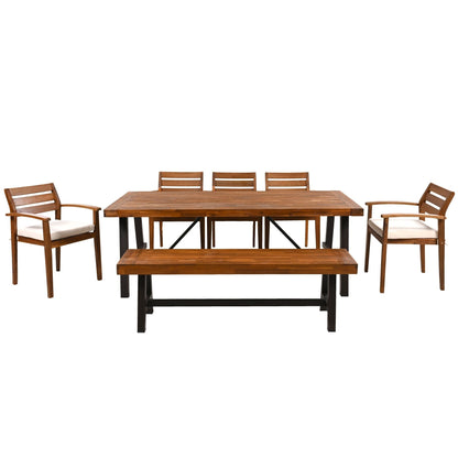 Ensemble de salle à manger d'extérieur en bois d'acacia 7 pièces avec coussins et banc amovibles