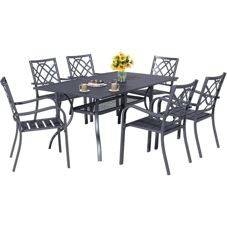 Ensemble de salle à manger d'extérieur 7 pièces, 6 chaises empilables et 1 table rectangulaire à lattes avec trou pour parasol de 1,57