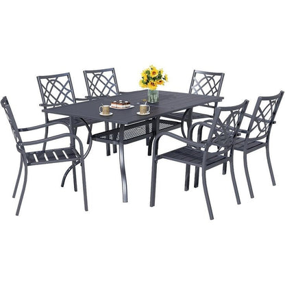 Ensemble de salle à manger d'extérieur 7 pièces, 6 chaises empilables et 1 table rectangulaire à lattes avec trou pour parasol de 1,57