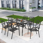 Ensemble de salle à manger d'extérieur 7 pièces, 6 chaises empilables et 1 table rectangulaire à lattes avec trou pour parasol de 1,57