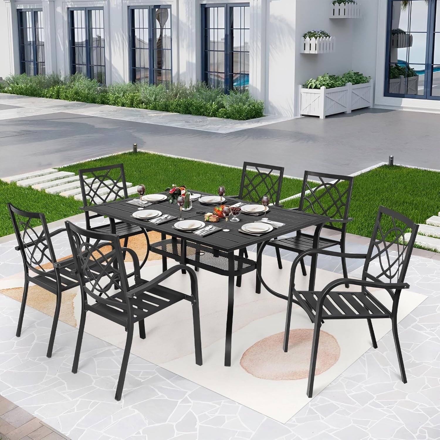 Ensemble de salle à manger d'extérieur 7 pièces, 6 chaises empilables et 1 table rectangulaire à lattes avec trou pour parasol de 1,57