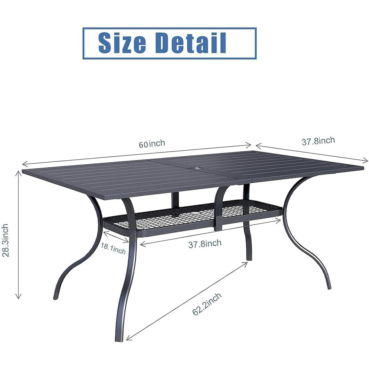 Ensemble de salle à manger d'extérieur 7 pièces, 6 chaises empilables et 1 table rectangulaire à lattes avec trou pour parasol de 1,57