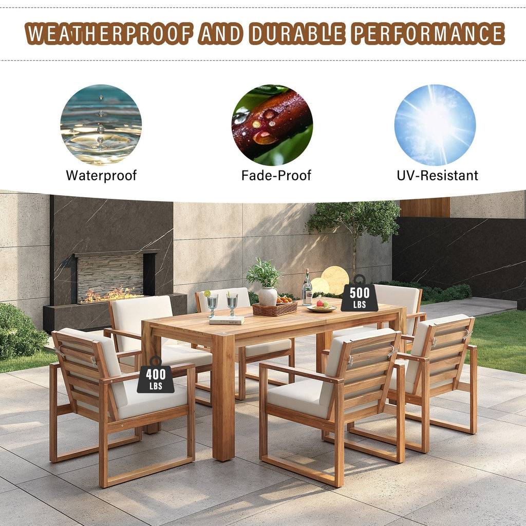 Ensemble de 7 chaises de salle à manger d'extérieur en bois avec table à manger décontractée, trou pour parasol et 6 coussins amovibles