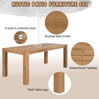 Ensemble de 7 chaises de salle à manger d'extérieur en bois avec table à manger décontractée, trou pour parasol et 6 coussins amovibles