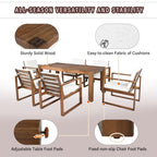 Ensemble de 7 chaises de salle à manger d'extérieur en bois avec table à manger décontractée, trou pour parasol et 6 coussins amovibles