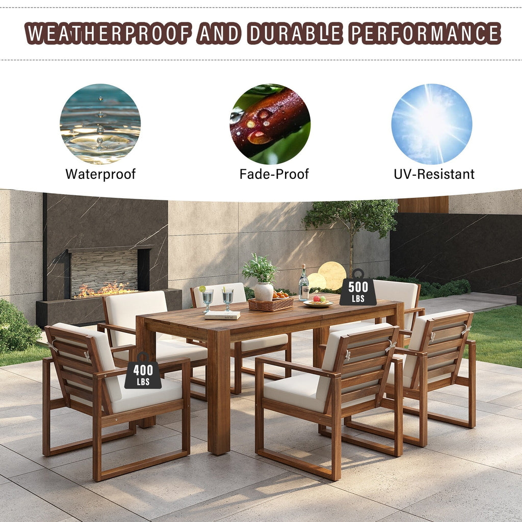 Ensemble de 7 chaises de salle à manger d'extérieur en bois avec table à manger décontractée, trou pour parasol et 6 coussins amovibles