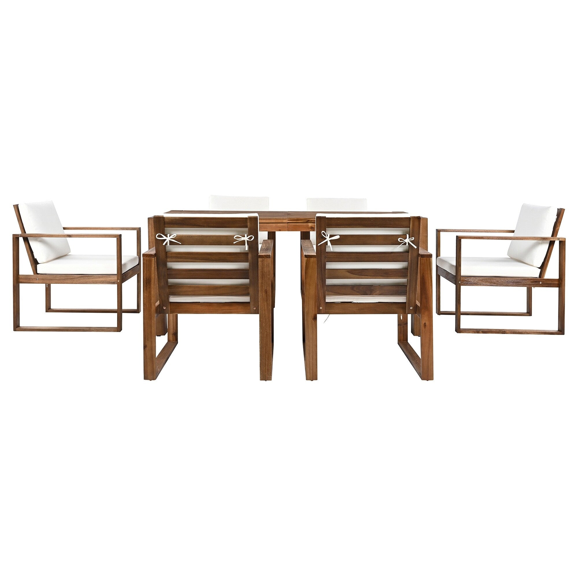 Ensemble de 7 chaises de salle à manger d'extérieur en bois avec table à manger décontractée, trou pour parasol et 6 coussins amovibles