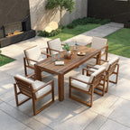 Ensemble de 7 chaises de salle à manger d'extérieur en bois avec table à manger décontractée, trou pour parasol et 6 coussins amovibles
