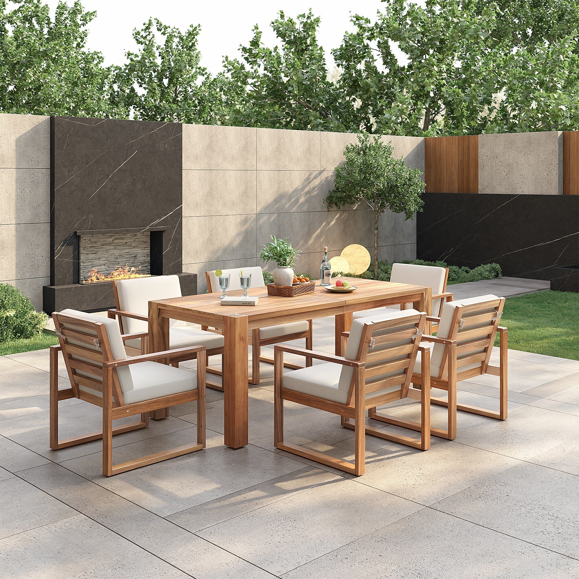 Ensemble de 7 chaises de salle à manger d'extérieur en bois avec table à manger décontractée, trou pour parasol et 6 coussins amovibles