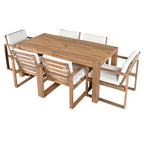 Ensemble de 7 chaises de salle à manger d'extérieur en bois avec table à manger décontractée, trou pour parasol et 6 coussins amovibles