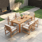 Ensemble de 7 chaises de salle à manger d'extérieur en bois avec table à manger décontractée, trou pour parasol et 6 coussins amovibles