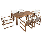 Ensemble de 7 chaises de salle à manger d'extérieur en bois avec table à manger décontractée, trou pour parasol et 6 coussins amovibles
