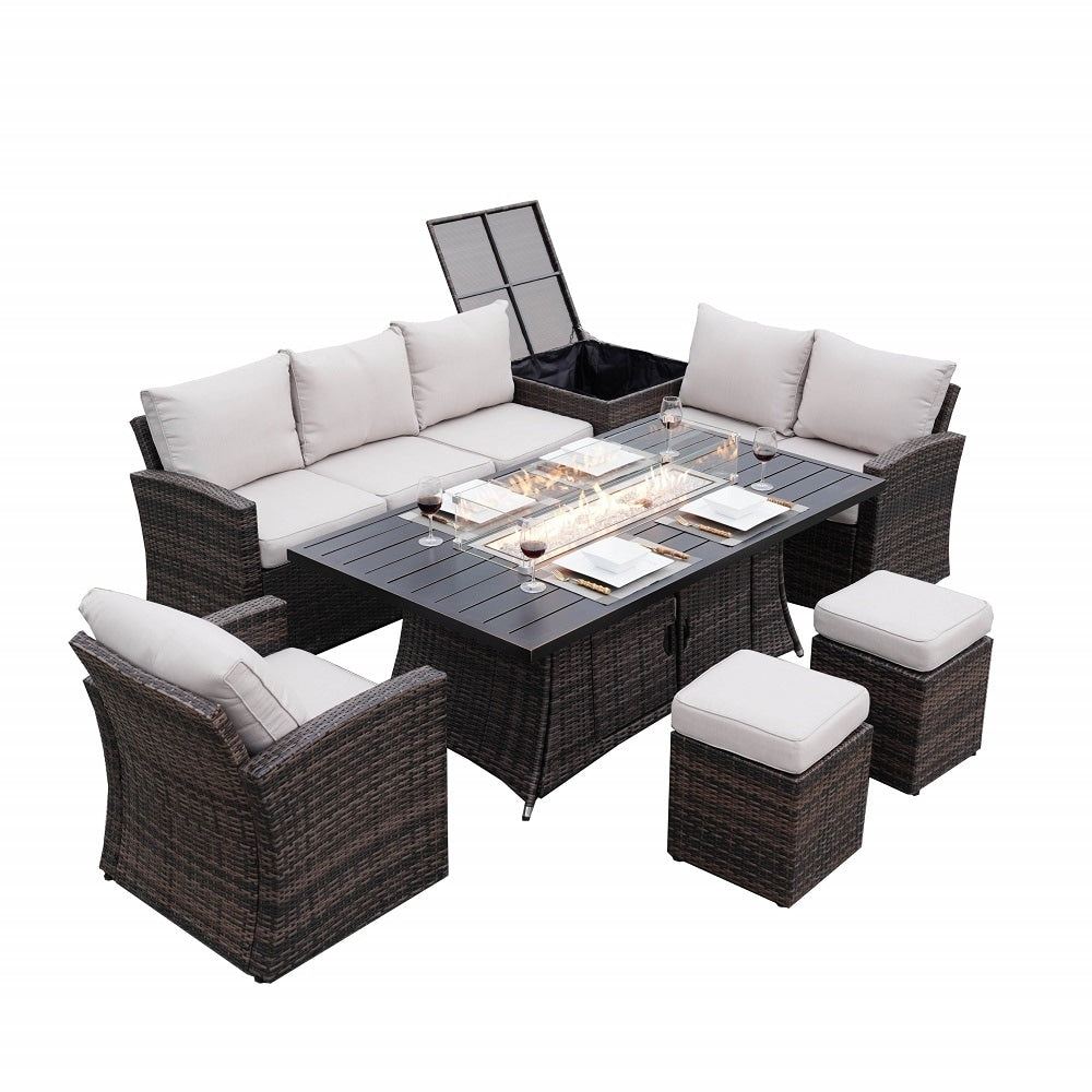 Ensemble de canapé d'extérieur 7 pièces avec table en aluminium et foyer