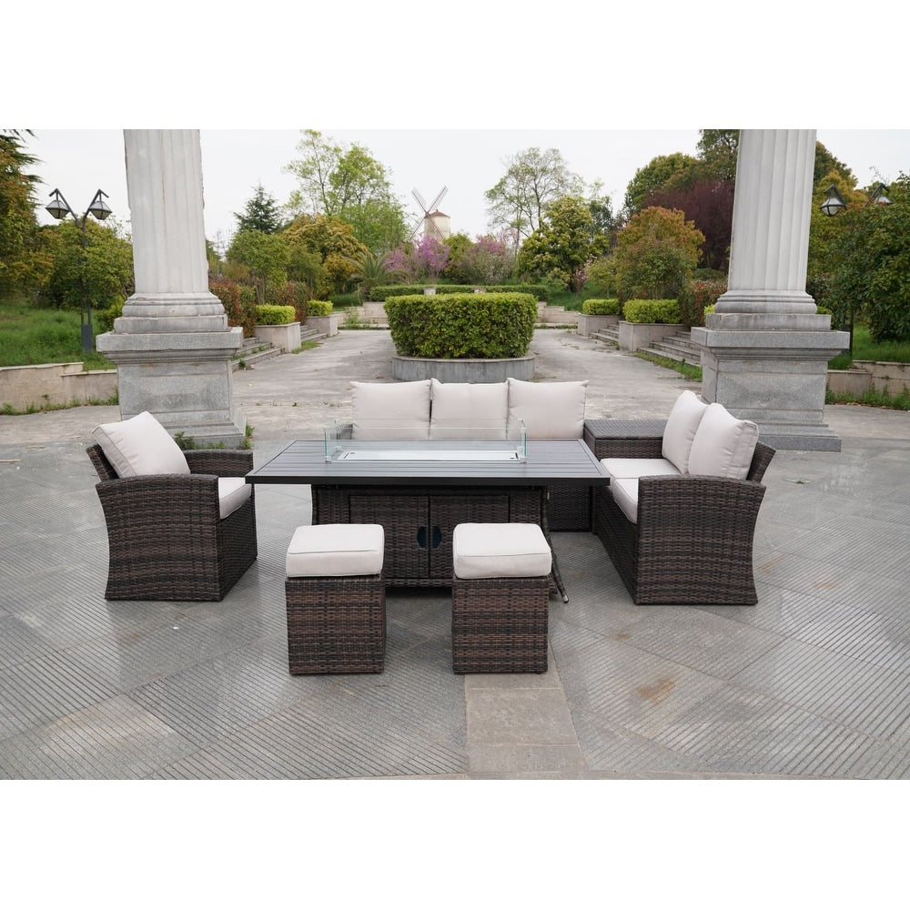Ensemble de canapé d'extérieur 7 pièces avec table en aluminium et foyer