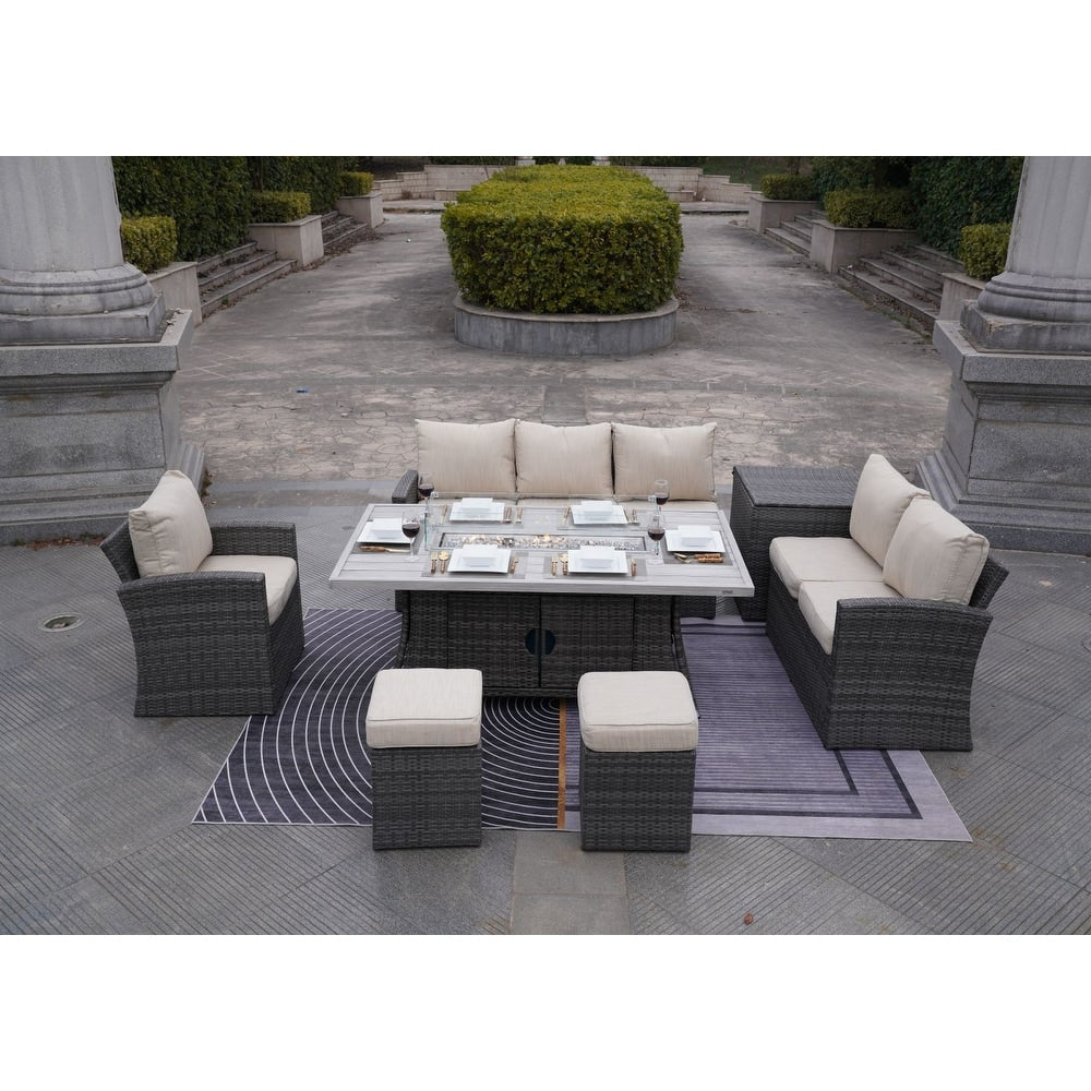 Ensemble de canapé d'extérieur 7 pièces avec table en aluminium et foyer