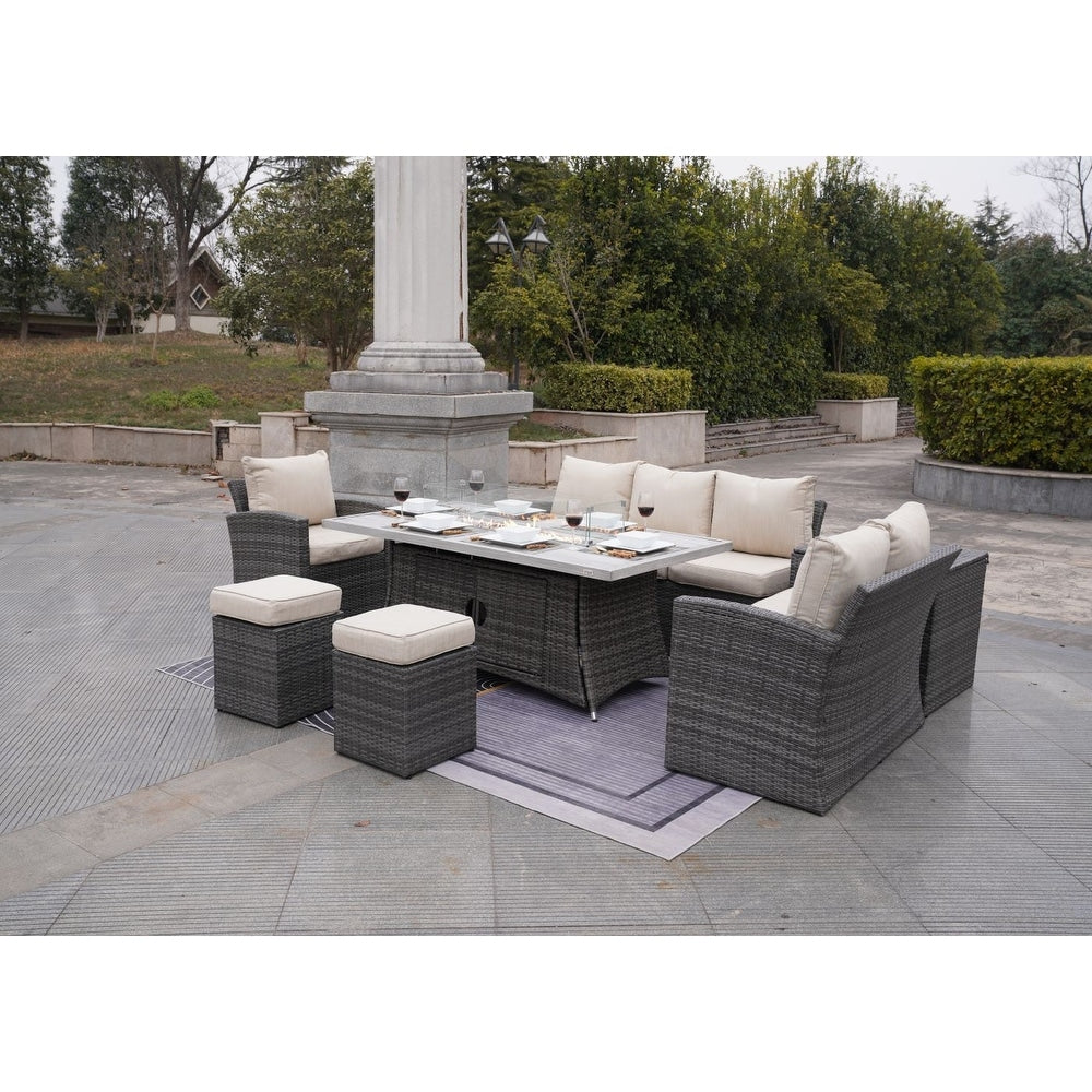 Ensemble de canapé d'extérieur 7 pièces avec table en aluminium et foyer