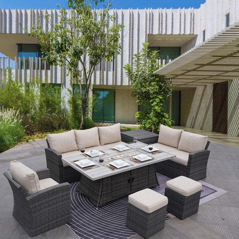 Ensemble de canapés de patio 7 pièces avec table et foyer en aluminium