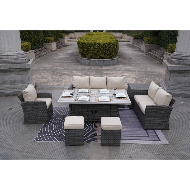 Ensemble de canapés de patio 7 pièces avec table et foyer en aluminium