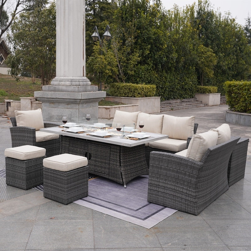 Ensemble de canapés de patio 7 pièces avec table et foyer en aluminium