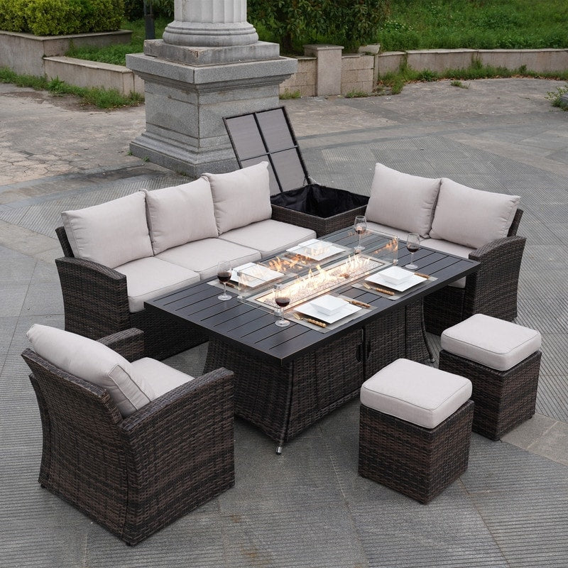 Ensemble de canapés de patio 7 pièces avec table et foyer en aluminium
