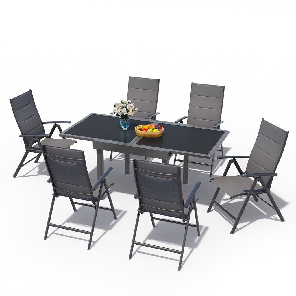 Ensemble de salle à manger de patio 7 pièces avec chaises pliantes réglables et 1 table à manger extensible