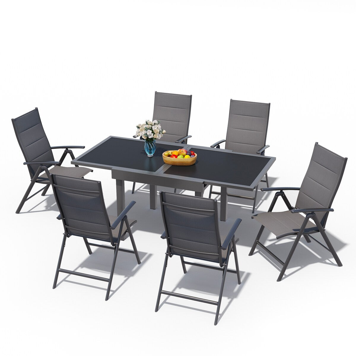 Ensemble de salle à manger de patio 7 pièces avec chaises pliantes réglables et 1 table à manger extensible