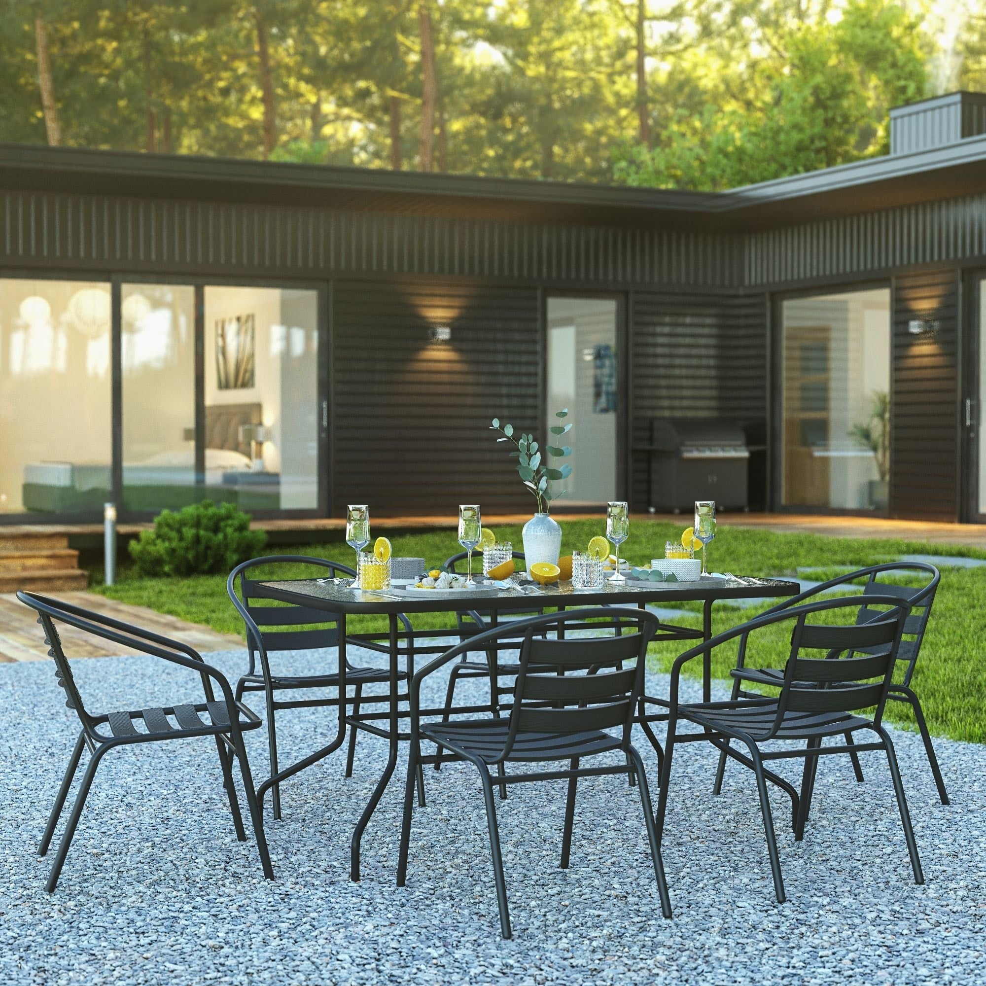 Ensemble de salle à manger de patio 7 pièces : table en verre, 6 chaises empilables flexibles