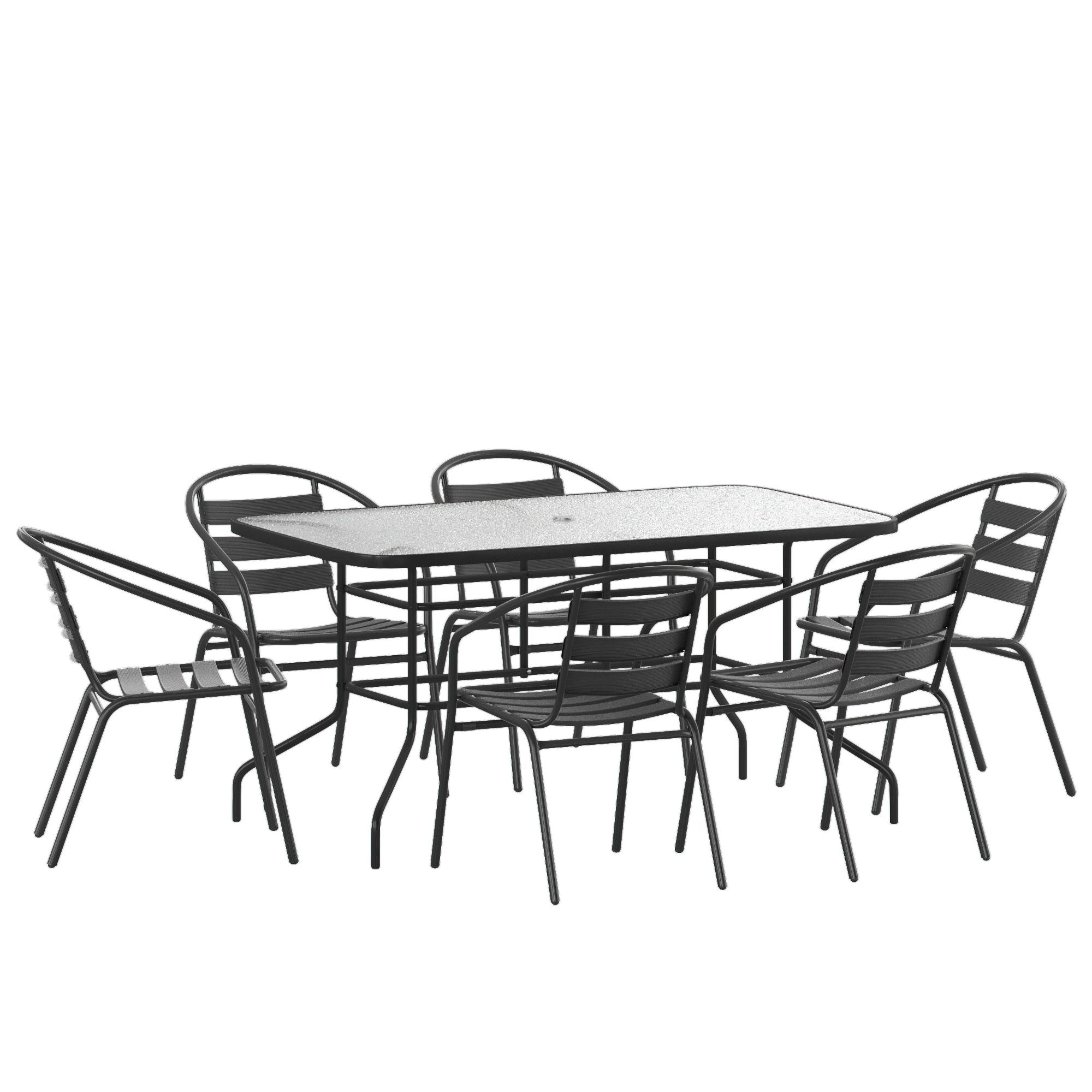 Ensemble de salle à manger de patio 7 pièces : table en verre, 6 chaises empilables flexibles