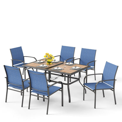Ensemble de salle à manger de patio 7 pièces MAISON ARTS avec table rectangulaire aspect bois et 6 chaises en textilène