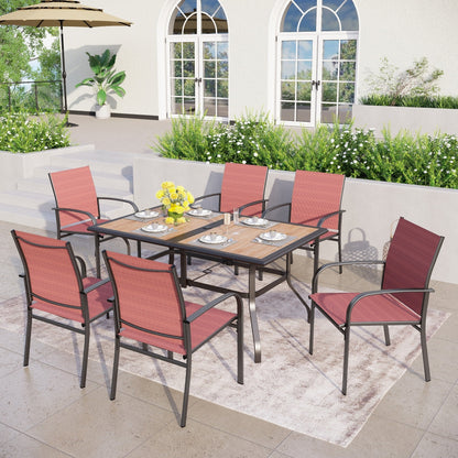 Ensemble de salle à manger de patio 7 pièces MAISON ARTS avec table rectangulaire aspect bois et 6 chaises en textilène