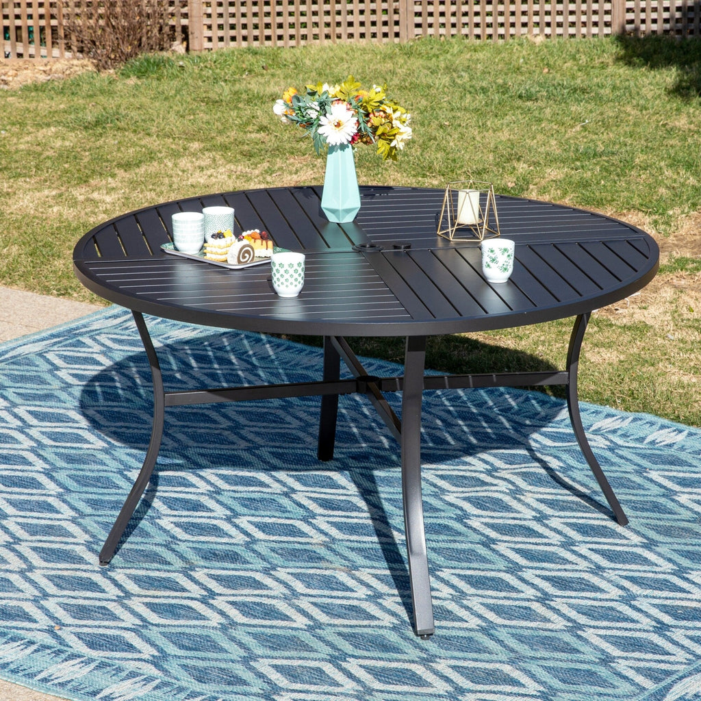 Ensemble de salle à manger de patio 7 pièces MAISON ARTS, grande table à manger ronde avec trou pour parasol et chaises à bascule en textilène à ressorts en C