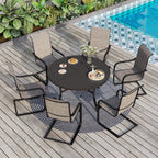Ensemble de salle à manger de patio 7 pièces MAISON ARTS, grande table à manger ronde avec trou pour parasol et chaises à bascule en textilène à ressorts en C